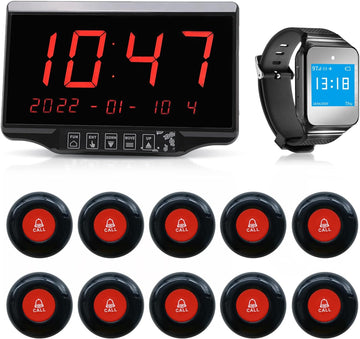 CallToU Restaurant Pager System Wireless Calling System for Customers Restaurant Clinic Waiter Nurse Service System with 1 Display Receiver 1 Watch Receiver and 10 Waterproof Call Buttons CallToU